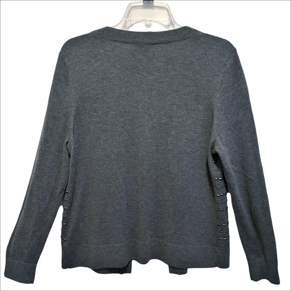 Talbots Beaded Cardigan Sweater L Gray Lambswool Blend Open Front Party Event - Picture 3 of 8
